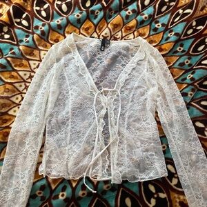 Garage White Lace Tie-Front Top